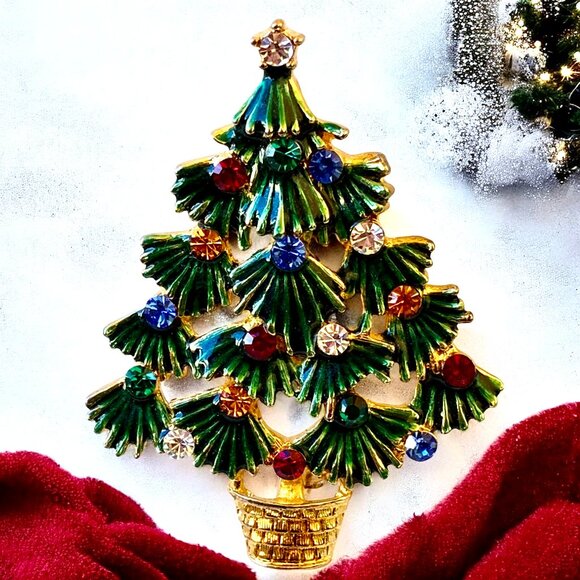 EISENBERG ICE Vintage Christmas Tree Brooch Green Enamel & Rhinestones Signed - Picture 1 of 14